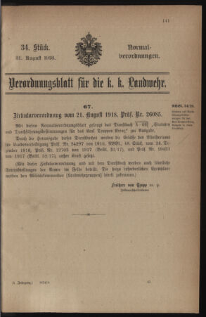 Verordnungsblatt für die k.k. Landwehr. Normalverordnungen 19180831 Seite: 1