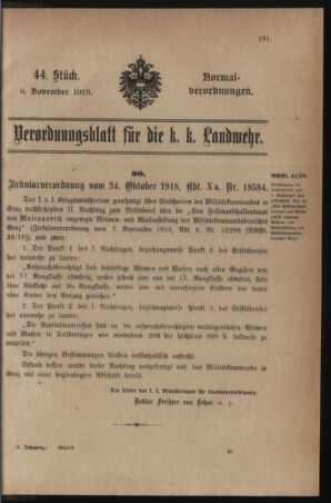 Verordnungsblatt für die k.k. Landwehr. Normalverordnungen 19181109 Seite: 1