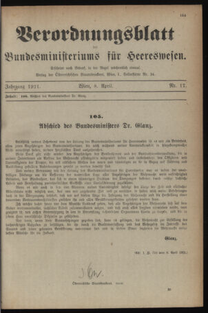 Verordnungsblatt für das deutschösterreichische Staatsamt für Heerwesen 19210408 Seite: 1