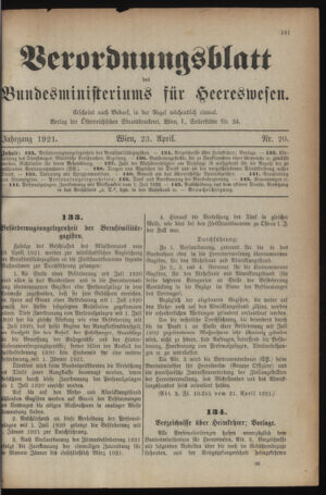 Verordnungsblatt für das deutschösterreichische Staatsamt für Heerwesen 19210423 Seite: 1