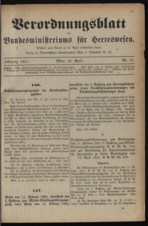 Verordnungsblatt für das deutschösterreichische Staatsamt für Heerwesen 19210426 Seite: 1