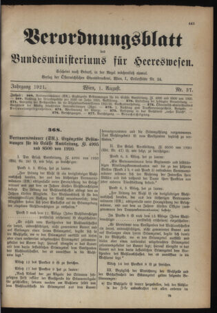 Verordnungsblatt für das deutschösterreichische Staatsamt für Heerwesen 19210801 Seite: 1