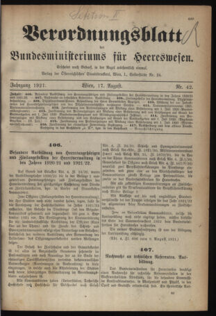 Verordnungsblatt für das deutschösterreichische Staatsamt für Heerwesen 19210817 Seite: 1