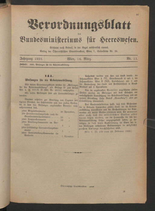 Verordnungsblatt für das deutschösterreichische Staatsamt für Heerwesen 19220314 Seite: 1