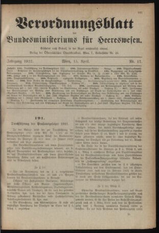 Verordnungsblatt für das deutschösterreichische Staatsamt für Heerwesen 19220415 Seite: 1