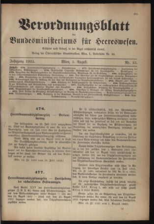 Verordnungsblatt für das deutschösterreichische Staatsamt für Heerwesen 19220805 Seite: 1