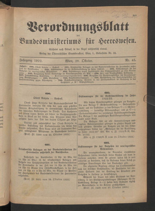 Verordnungsblatt für das deutschösterreichische Staatsamt für Heerwesen 19221028 Seite: 1