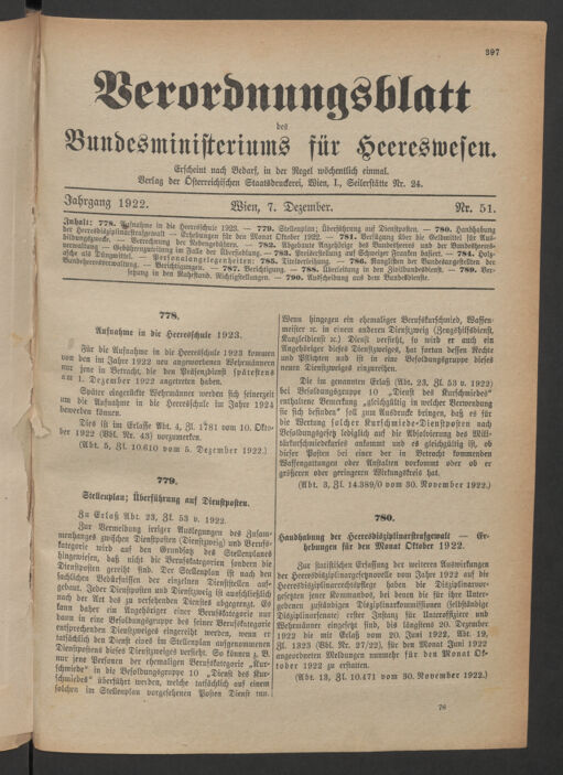 Verordnungsblatt für das deutschösterreichische Staatsamt für Heerwesen 19221207 Seite: 1