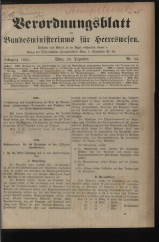 Verordnungsblatt für das deutschösterreichische Staatsamt für Heerwesen 19221228 Seite: 1