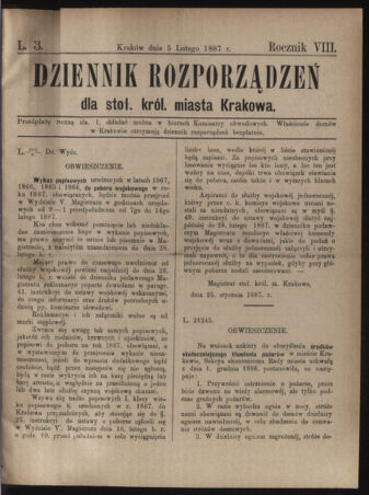 Dziennik rozporzaden dla stol. krol. m. Krakowa 18870205 Seite: 1