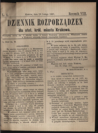 Dziennik rozporzaden dla stol. krol. m. Krakowa 18870218 Seite: 1