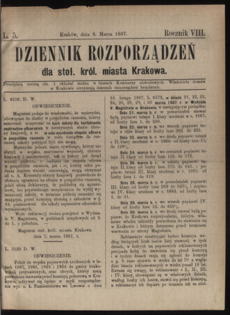 Dziennik rozporzaden dla stol. krol. m. Krakowa 18870308 Seite: 1