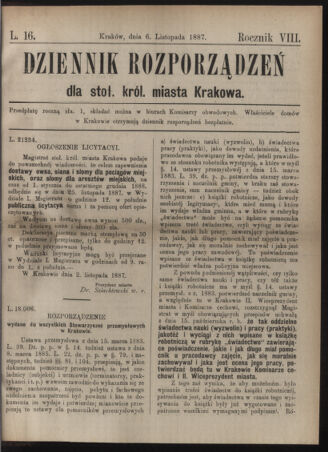 Dziennik rozporzaden dla stol. krol. m. Krakowa 18871106 Seite: 1