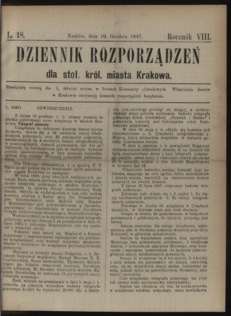 Dziennik rozporzaden dla stol. krol. m. Krakowa 18871210 Seite: 1