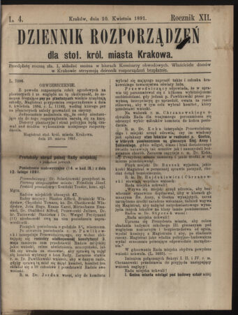 Dziennik rozporzaden dla stol. krol. m. Krakowa 18910410 Seite: 1