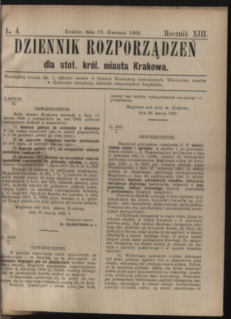 Dziennik rozporzaden dla stol. krol. m. Krakowa 18920410 Seite: 1