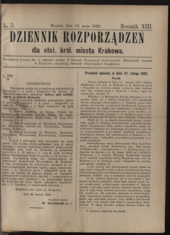 Dziennik rozporzaden dla stol. krol. m. Krakowa 18920510 Seite: 1