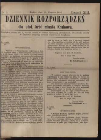 Dziennik rozporzaden dla stol. krol. m. Krakowa 18920610 Seite: 1