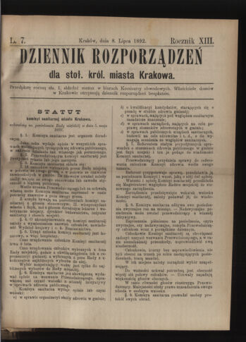 Dziennik rozporzaden dla stol. krol. m. Krakowa 18920708 Seite: 1