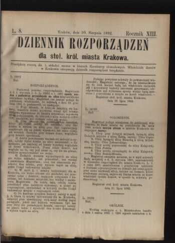 Dziennik rozporzaden dla stol. krol. m. Krakowa 18920810 Seite: 1