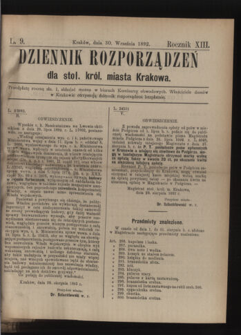 Dziennik rozporzaden dla stol. krol. m. Krakowa 18920930 Seite: 1