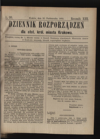 Dziennik rozporzaden dla stol. krol. m. Krakowa 18921020 Seite: 1