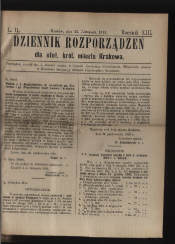 Dziennik rozporzaden dla stol. krol. m. Krakowa 18921122 Seite: 1