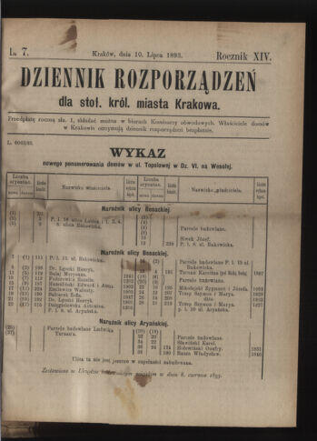 Dziennik rozporzaden dla stol. krol. m. Krakowa 18930710 Seite: 1