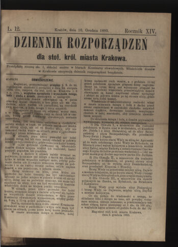 Dziennik rozporzaden dla stol. krol. m. Krakowa 18931210 Seite: 1