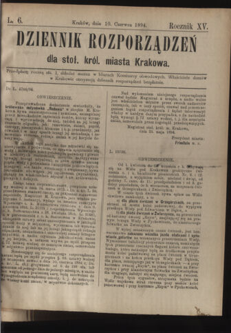 Dziennik rozporzaden dla stol. krol. m. Krakowa 18940610 Seite: 1