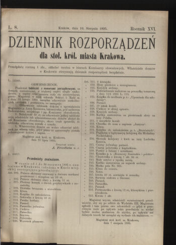 Dziennik rozporzaden dla stol. krol. m. Krakowa 18950810 Seite: 1