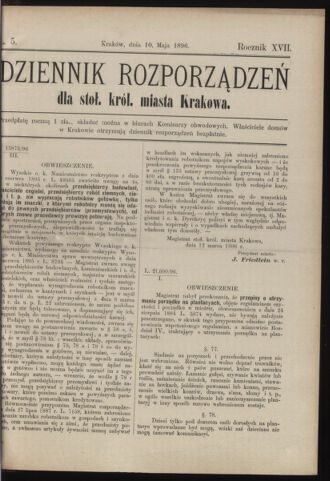 Dziennik rozporzaden dla stol. krol. m. Krakowa 18960510 Seite: 1