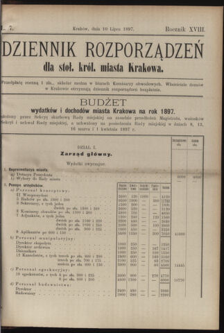 Dziennik rozporzaden dla stol. krol. m. Krakowa 18970710 Seite: 1