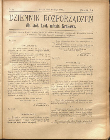 Dziennik rozporzaden dla stol. krol. m. Krakowa 18990510 Seite: 1