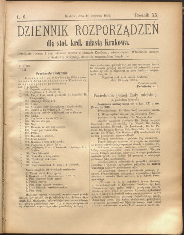 Dziennik rozporzaden dla stol. krol. m. Krakowa 18990610 Seite: 1