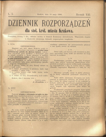 Dziennik rozporzaden dla stol. krol. m. Krakowa 19000510 Seite: 1