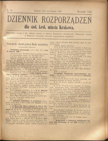 Dziennik rozporzaden dla stol. krol. m. Krakowa 19000810 Seite: 1