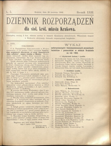 Dziennik rozporzaden dla stol. krol. m. Krakowa 19020420 Seite: 1