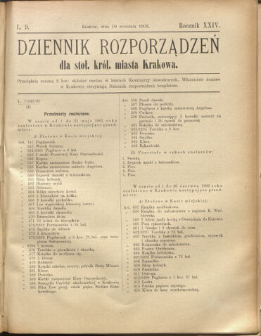 Dziennik rozporzaden dla stol. krol. m. Krakowa 19030910 Seite: 1