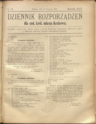 Dziennik rozporzaden dla stol. krol. m. Krakowa 19031110 Seite: 1