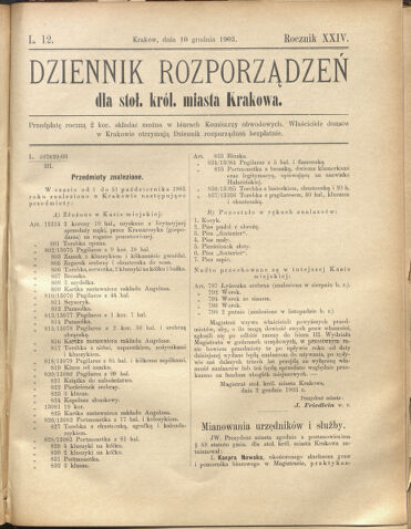 Dziennik rozporzaden dla stol. krol. m. Krakowa 19031210 Seite: 1