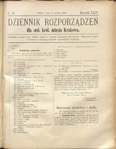 Dziennik rozporzaden dla stol. krol. m. Krakowa 19031231 Seite: 1