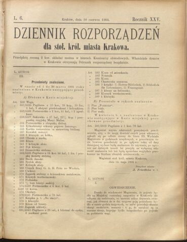 Dziennik rozporzaden dla stol. krol. m. Krakowa 19040610 Seite: 1