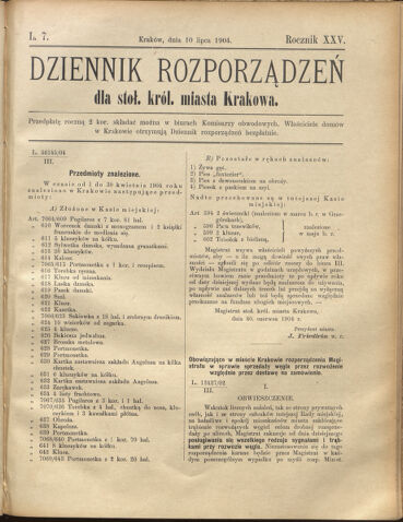 Dziennik rozporzaden dla stol. krol. m. Krakowa 19040710 Seite: 1