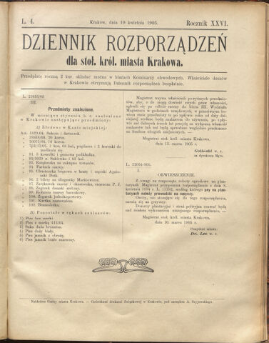 Dziennik rozporzaden dla stol. krol. m. Krakowa 19050410 Seite: 1