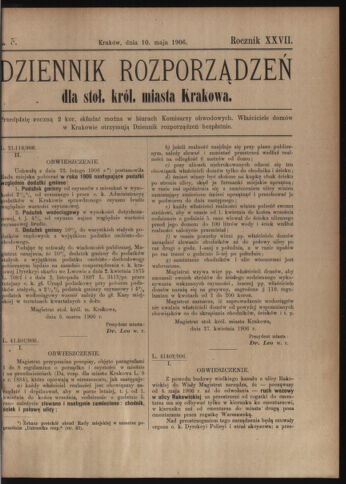 Dziennik rozporzaden dla stol. krol. m. Krakowa 19060510 Seite: 1