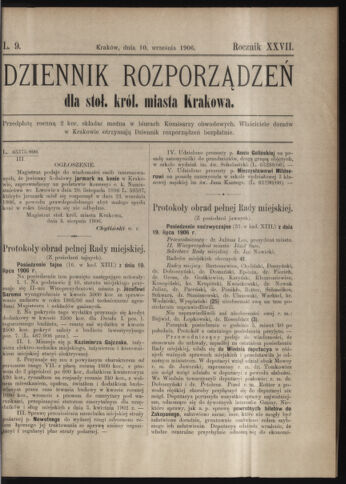 Dziennik rozporzaden dla stol. krol. m. Krakowa 19060910 Seite: 1