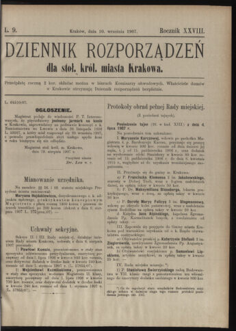 Dziennik rozporzaden dla stol. krol. m. Krakowa 19070910 Seite: 1