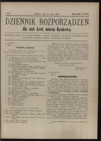 Dziennik rozporzaden dla stol. krol. m. Krakowa 19080510 Seite: 1