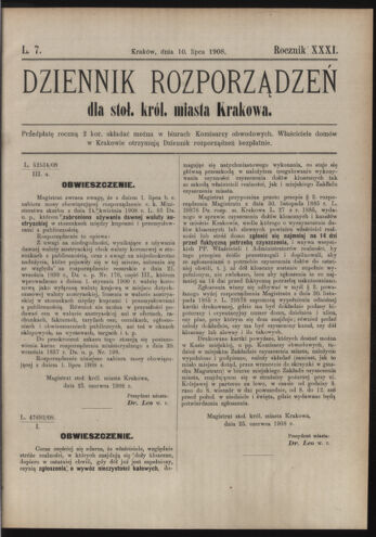 Dziennik rozporzaden dla stol. krol. m. Krakowa 19080710 Seite: 1